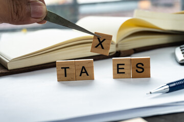 tax word on wood block with concept of taxes