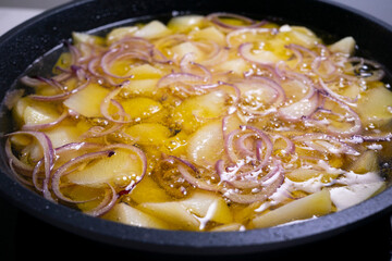 Shooting audiovisual content Traditional spanish omelette with potatoes and onion.