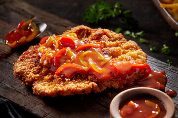 Fast food meat schnitzel with sauce