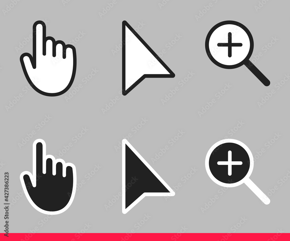 Poster black and white arrow, hand and magnifier non pixel mouse cursor icons vector illustration set flat 