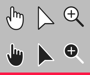 Black and white arrow, hand and magnifier non pixel mouse cursor icons vector illustration set flat style design isolated on gray background.