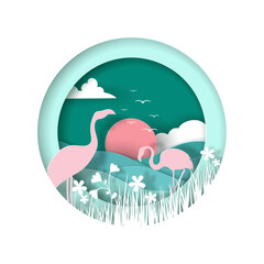 Fototapeta premium Vector landscape of Flamingos with sea in the sunset time.
