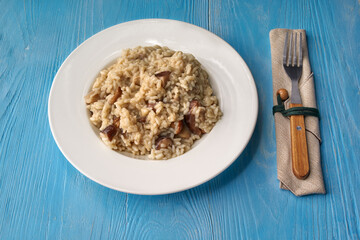 creamy mushroom risotto with fungi on rustic blue table