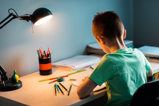 Boy sitting at the desk doing homework at home.