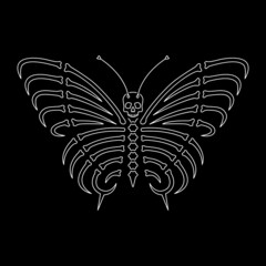 BUTTERFLY WITH SKULL WHITE NEON BADGE BLACK BACKGROUND