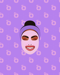 Cosmetic face mask with peach. Cosmetics packaging design. The face of a smiling girl.  Peach seamless pattern.