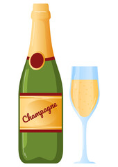 Alcohol drink bottle, cognac transparent glass with beverage, golden color, cartoon style vector illustration, isolated on white.