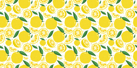 Yuzu japanese citron fruit seamless pattern vector illustration isolated on white background. Full, half and sliced citrus yuzu fresh fruit seamless texture.