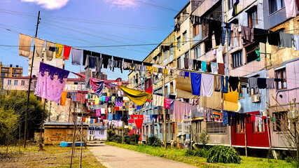 Fototapeta na wymiar Batumi, Georgia - April 12, 2021: Lingerie on the street in the courtyard of the house