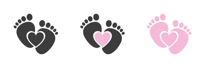 Baby foot barefoot heart icon. Set.