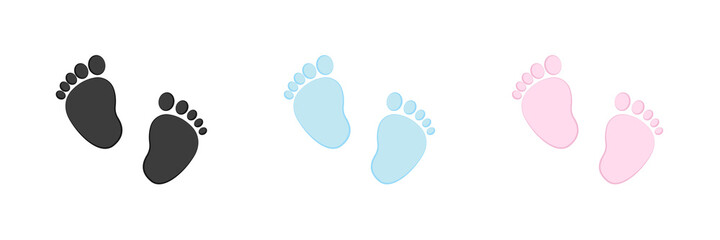 Set of vector illustrations of baby steps - pairs of black, pink and blue footprints in a flat styl