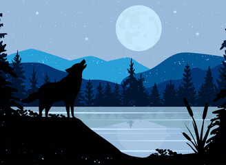 the wolf on the hill howls at the full moon. mountain landscape with water. Vector graphics. format eps. blue landscape