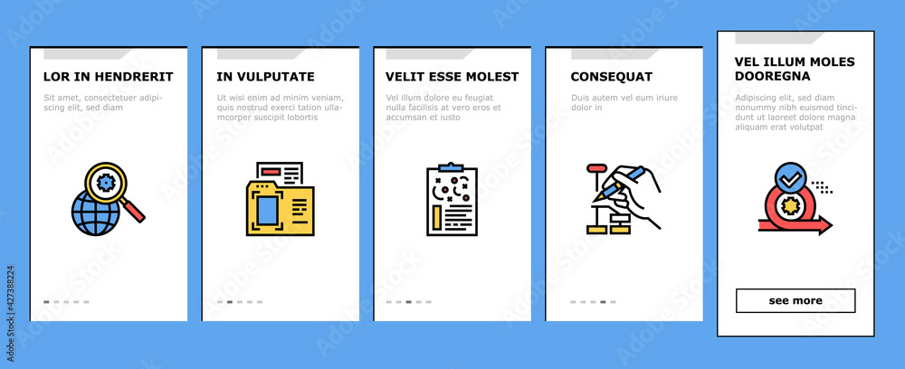 Aufkleber project development onboarding mobile app page screen vector. development idea and target, working t