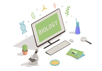 Isometric workspace with computer, microscope, flask on white background. Biology online education concept