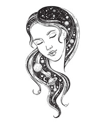 Universe woman. Girl with galaxy in her hair. Vector night dream illustration. Space with moon star sky. Magic tattoo with sleeping girl face. Modern astrology art. Beautiful universe women character