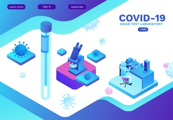 Isometric laboratory with scientist in protective suit doing test of Coronavirus, Covid-19 research, lab equipment, medical exam, diagnostic clinic, doctor in face mask, isometric landing page
