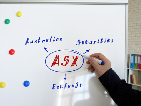  ASX Australian Securities Exchange inscription. Hand holding a marker pen to writeon the white board.
