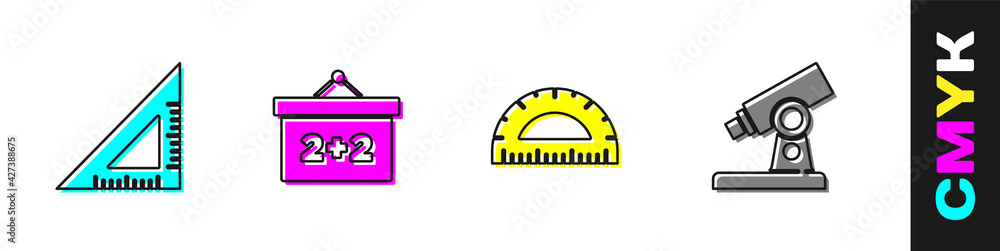 Poster set triangular ruler, chalkboard, protractor and microscope icon. vector