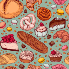 Color hand-drawn sketch style bakery patten. Different kinds of bread and pastry sweets on green background, cakes, tarts, pie slices, donuts, cheesecake, macaroons, buns, and other tasty bakery produ