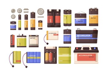 Set of metal batteries, accumulators, button cells, power bank of different sizes. Nickel and lithium energy sources for electric devices. Colored flat vector illustration isolated on white background