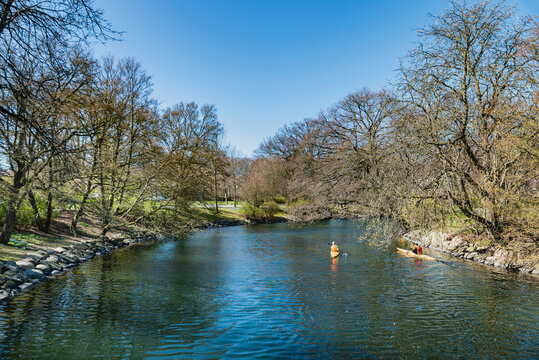 Canoeing around Slottstradgarden or Kungsparken sea canals. Boats are available to people for kayaking in this vibrant park and it is a common sport or activity in spring and summer. Malmo, Sweden