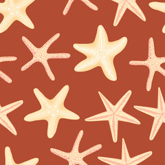 Fototapeta na wymiar Starfish hand drawn vector seamless pattern. Marine underwater background for wrapping paper, fabric, textile, wallpaper, decor