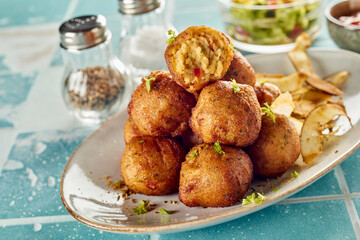 Deep fried fish croquettes with chips