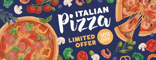 Design of horizontal ad banner for pizzeria with pizzas and ingredients on colored background. Promo template for Italian food restaurants or cafes. Hand-drawn vector illustration of advertisement - obrazy, fototapety, plakaty