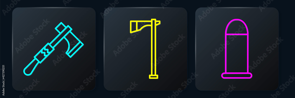 Poster set line tomahawk axe, bullet and tomahawk axe. black square button. vector