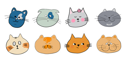 Set of funny cats heads. Cats different breeds 