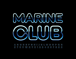 Vector modern sign Marine Club. Stylish glossy Font. Black and Silver Alphabet Letters and Numbers set