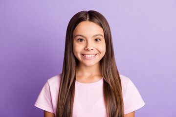Fototapeta premium Photo of optimistic nice brunette girl wear t-shirt isolated on pastel purple color background