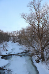 Small narrow river covered with ice and snow surrounded by trees, rustic landscape winter