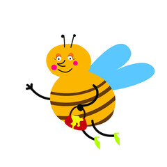 Cartoon bee flies with a bucket full of honey. Vector illustration for children, print, card and poster. Vector illustration
