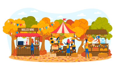 Autumn market, fair background, colorful harvest pumpkin, exhibition banner, food sale sign, flat style vector illustration.