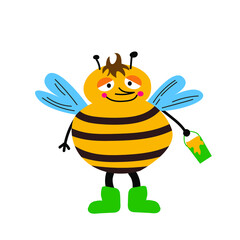 Cute cartoon bee with a bucket of honey. Vector flat illustration. Childrens simple illustration. Vector illustration