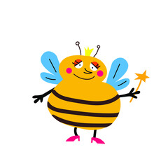 Bee queen flat style with magic wand and crown vector illustration