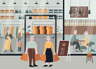 Old couples in shopping center. Elderly couple in cafe. Old people shopping together, shopping mall store and bakery. Flat vector illustration.