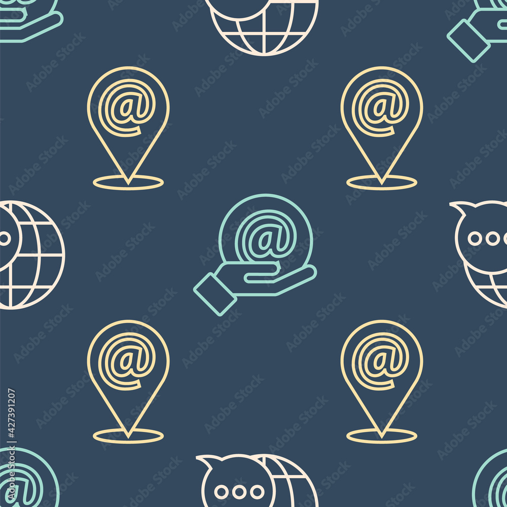 Poster set line world map made from speech bubble, location and mail and e-mail and mail and e-mail in hand