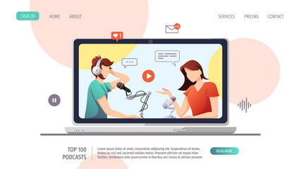 Laptop with people with microphones and headphones. Streaming, Online show, interview, blogging, podcasting, radio broadcasting concept. Vector illustration for website, poster, banner, advertising. 