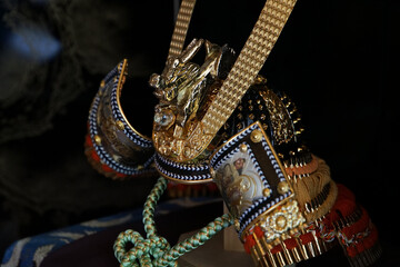 An ornamental helmet ornament to protect the head of an old Japanese warrior for battle
