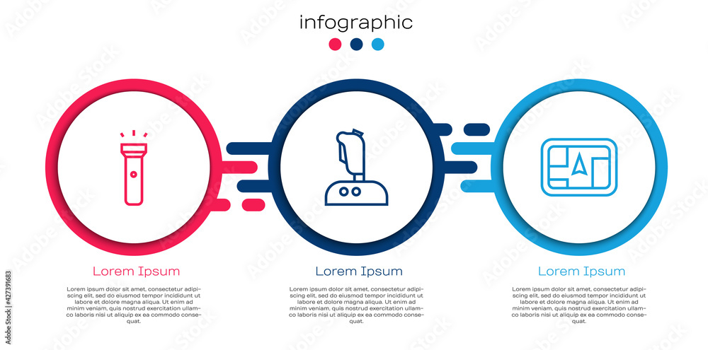 Poster set line flashlight, joystick for arcade machine and gps device with map. business infographic templ