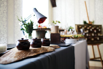 Delicious snacks at the banquet. Catering on banquet.
