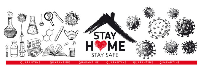 Quarantine. Pandemic coronavirus. Coronavirus, dna, blood test. Stay home stay safe doodle illustration. Laboratory research vector hand drawn icons set.