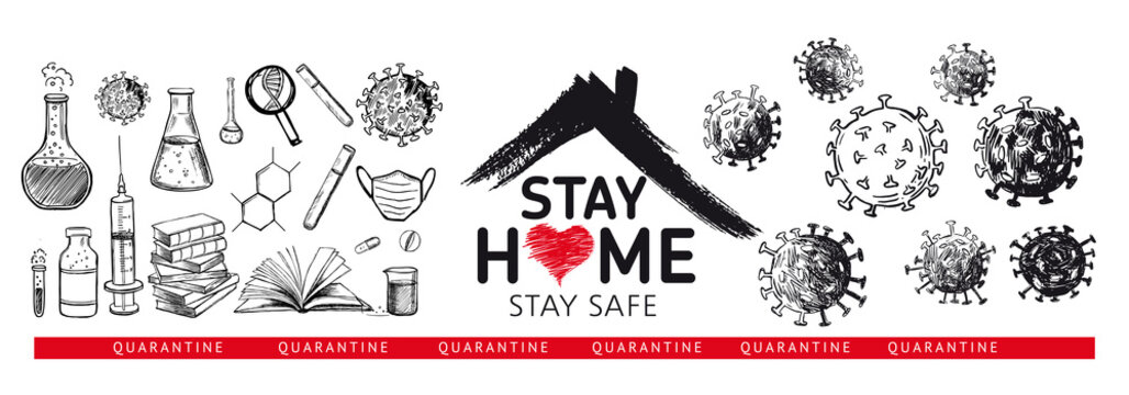 Quarantine. Pandemic coronavirus. Coronavirus, dna, blood test. Stay home stay safe doodle illustration. Laboratory research vector hand drawn icons set.