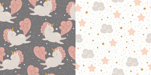 Unicorn and cloud seamless pattern set vector