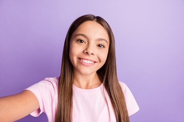 Photo of optimistic nice brunette girl do selfie wear t-shirt isolated on pastel purple color background