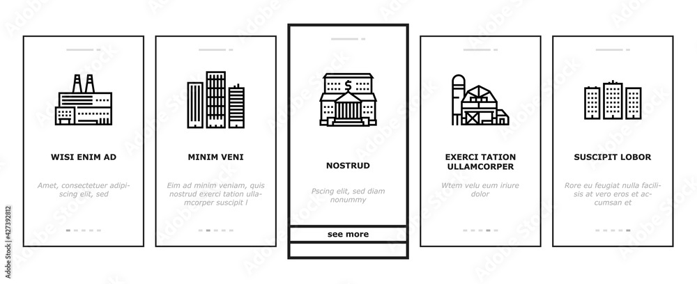 Poster building architecture onboarding mobile app page screen vector. skyscraper and bank, hospital and sh