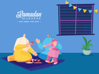 Cartoon Character Of Muslim Family Enjoying Food At Home For Ramadan Mubarak Concept. Avoid Coronavirus.