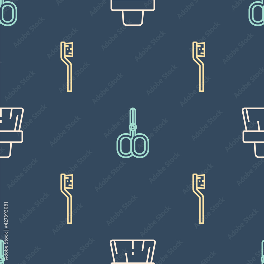 Poster set line handle broom, toothbrush and nail scissors on seamless pattern. vector